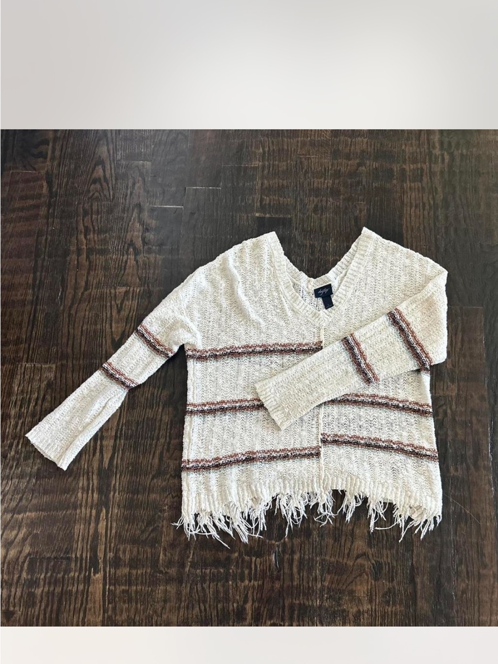Daytrip Cream V-Neck Sweater with Brown Stripes